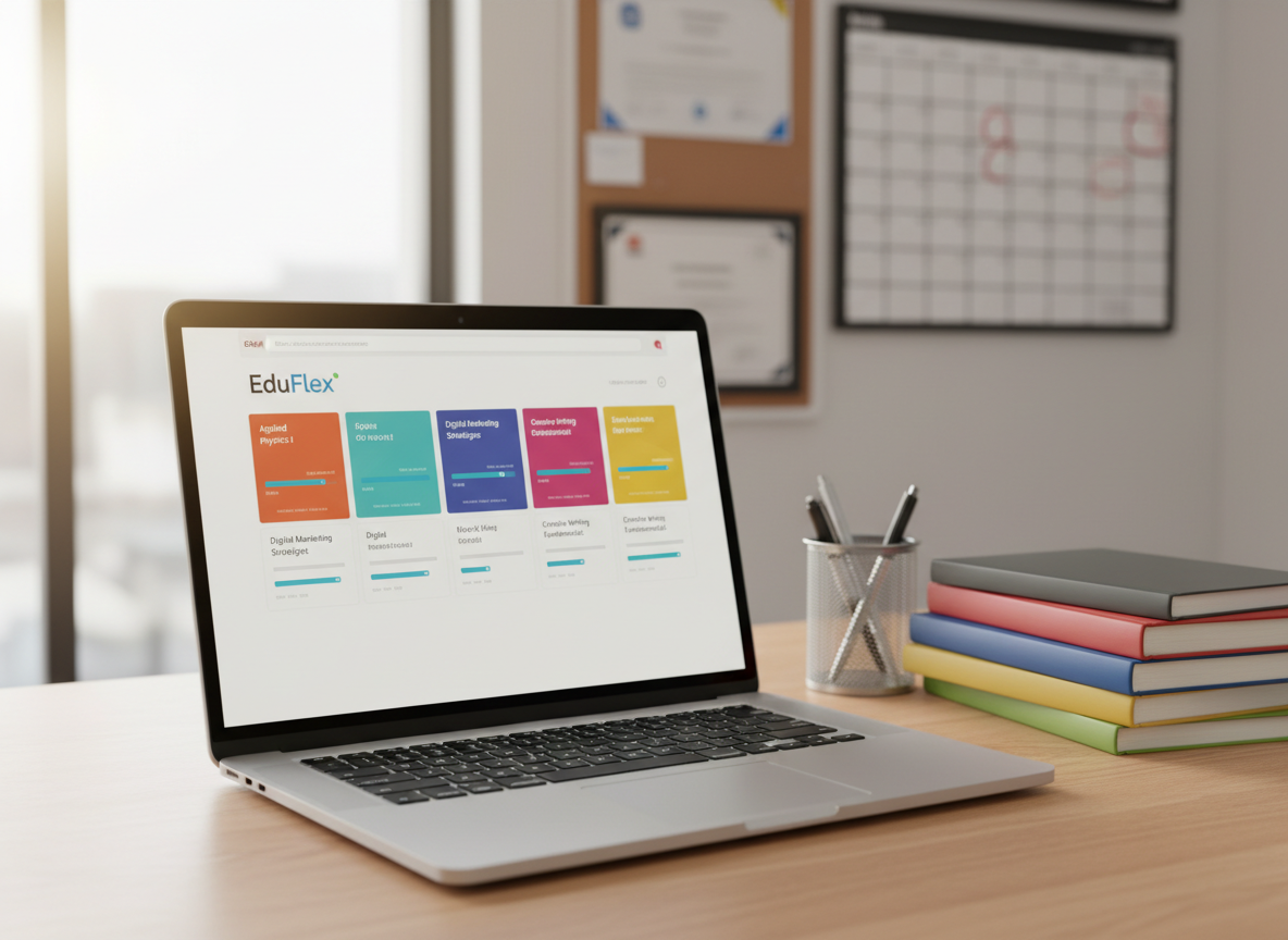 A sleek silver laptop with a high-resolution screen displaying a clean, modern EduFlex dashboard of online course tiles and progress bars, resting on a light oak desk beside a neatly stacked set of colorful textbooks and a slim metal pen holder. In the background, a large wall calendar and a corkboard filled with neatly arranged printed certificates are softly blurred. Gentle daylight from an unseen window creates balanced, diffused illumination, with subtle reflections on the laptop’s metallic surface. Photographed at eye level with a slightly off-center composition and shallow depth of field, the mood is professional, focused, and inviting, emphasizing structured online learning in a realistic, photographic style.